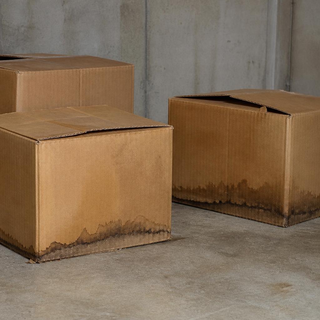 Water-damaged cardboard boxes stored on a basement floor